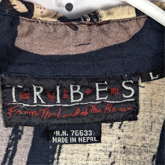 Tribes Nepal Rayon Shirt L Abstract 90s Pattern Button Short Sleeve Vintage - Picture 2 of 4